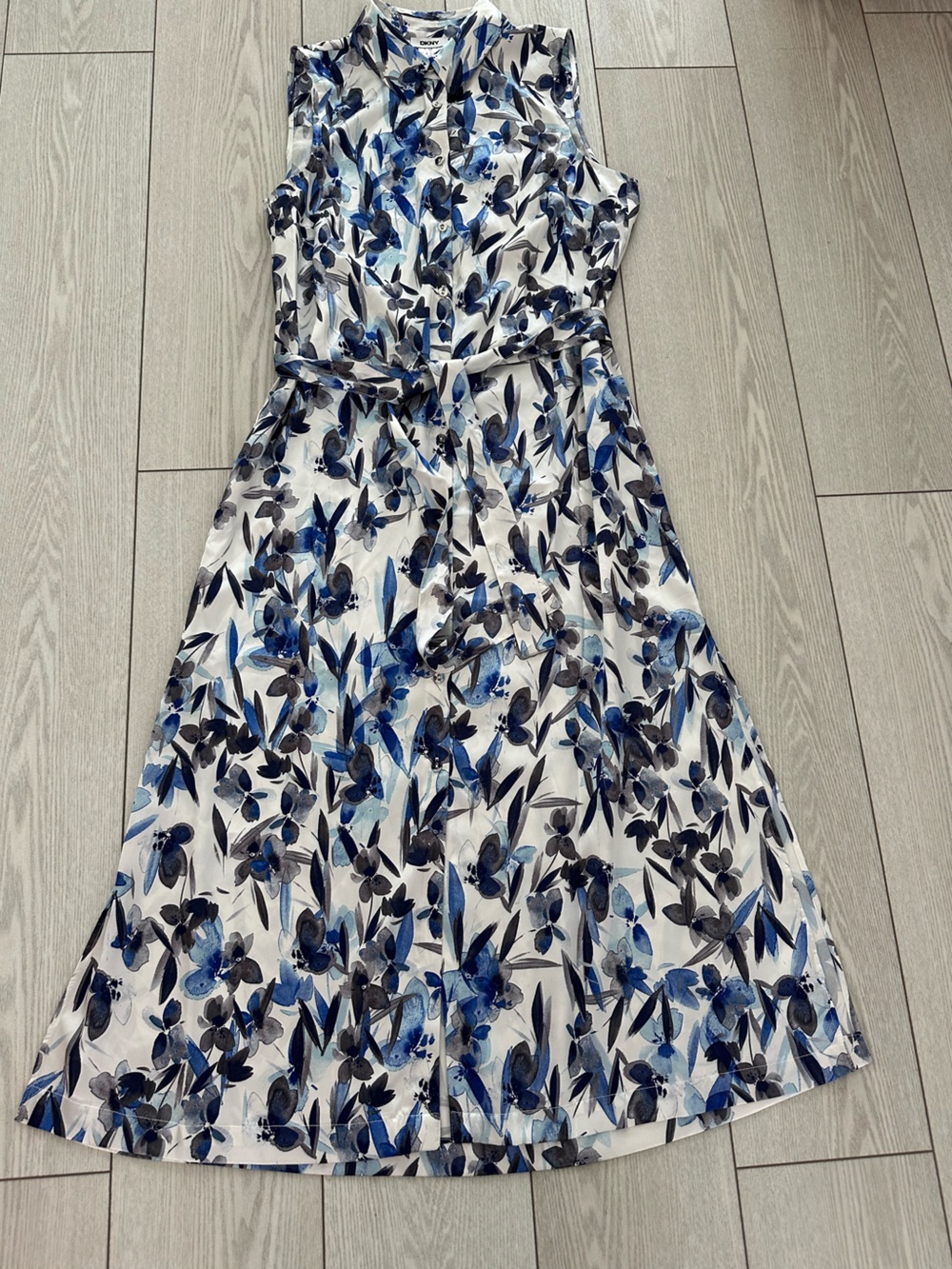 DKNY White Sleeveless Shirt Dress with Blue and Black Floral Print